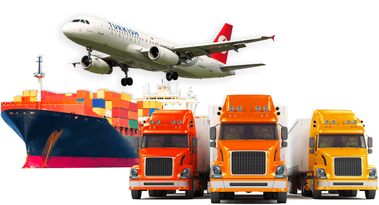 airplane, cargo ship, big trucks